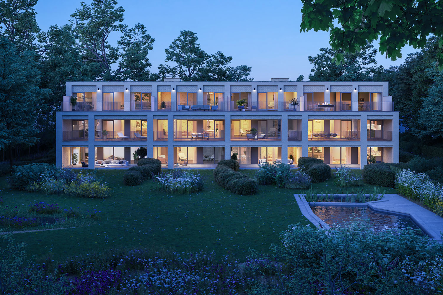 Bostoen WoodLand Park in Destelbergen luxe appartementen render tuin avondbeeld